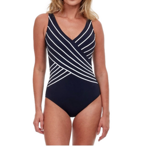 NWT Gottex Embrace Crossover V-Neck One Piece Swimsuit, Black/White, Size 10